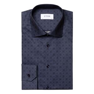 ETON Men's Double E Logo Print Fine Twill Regular Fit Navy Shirt Size 47/18 1/2